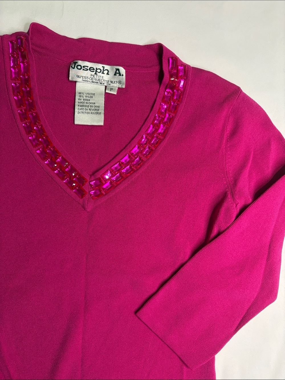Chunky Pink Large Gem Crystal Bead Bedazzled Vintage Hot Pink Quarter Sleeve